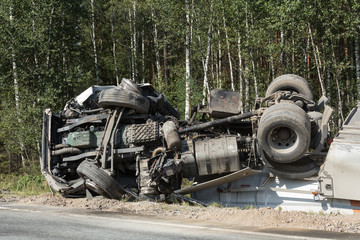 Car after frontal collision with a truck  in Latvia on the road
