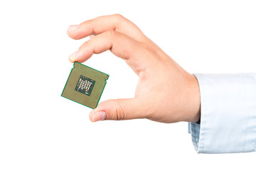 Hand holding CPU microchip computer isolated on white background