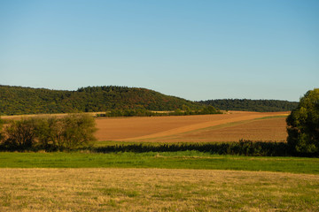 Obraz premium Felder in verschiedenen Farben nach der Ernte im Spätsommer, Pfalz, Deutschland