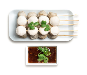 Thai food,Roasted pork balls with sweet spicy sauce isolated on white