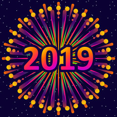 2019, New year greetings with fireworks. Vector illustration.