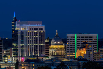 Idaho capital building and Boise at night with deep blue night sky