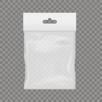 Blank of transparent plastic pocket bag with hand slot. Vector