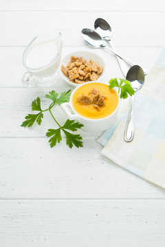 Orange Cream Soup With Pumpkin And Carrot, Vertical Shot With Copy Space