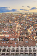 Beautiful view from the bell tower of the Campanella to the Museum Correr and the panorama of the city in Venice, Italy