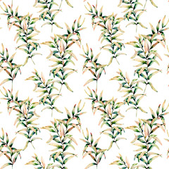 Watercolor autumn grass branch seamless pattern. Hand painted green and yellow branch of grass isolated on white background. Botanical illustration for design, background and fabric. Fall print.
