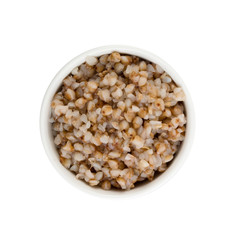 Bowl of Buckwheat Porridge Isolated on White Background Top View