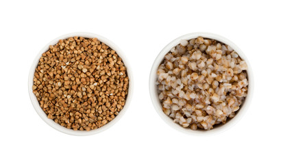 Bowl of Cooked and Raw Dry Buckwheat Porridge Isolated