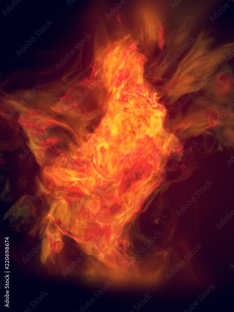 Poster orange turbulent flame isolated on dark background. 3d rendering