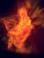 Orange turbulent flame isolated on dark background. 3d rendering