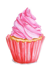 Watercolor  cake with pink cream. Food illustration, cupcake is isolated on white background. Muffin for poster for cafe and pastry shop.