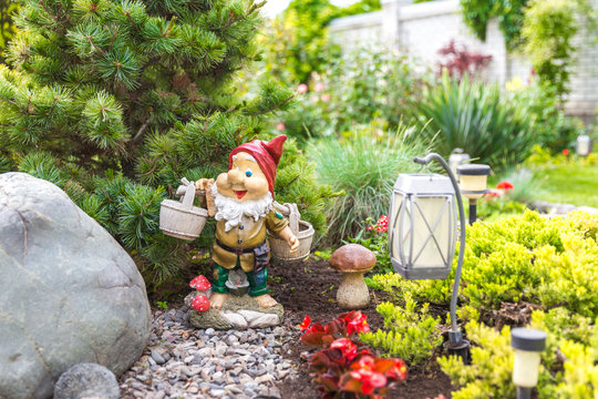 garden dwarf in home garden, gnome decoration