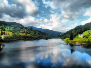 Hand drawing watercolor art on canvas. Artistic big print. Original modern painting. Acrylic dry brush background.    Painting for sale. Beautiful autumn moutain landscape. Wild lake. Rain grey clouds