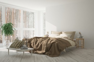White bedroom with winter landscape in window. Scandinavian interior design. 3D illustration