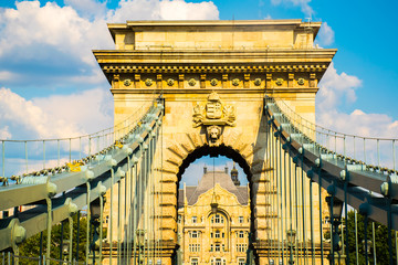 Beautiful typical Szechenyi Chain Bridge, Sights of Budapest in Hungary