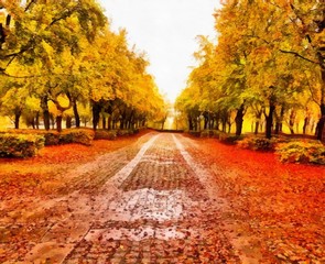 Hand drawing watercolor art on canvas. Artistic big print. Original modern painting. Acrylic dry brush background. Painting for sale.  Beautiful autumn landscape. Tree with yellow leaves. City park 