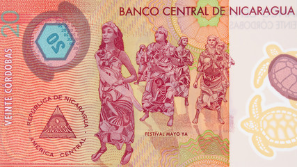 Palo de Mayo (Maypole) dancers on Mayo Ya Festival on Nicaragua 20 cordobas (2015) banknote closeup, Nicaraguan money close up.