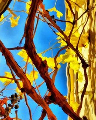 Hand drawing watercolor art on canvas. Artistic big print. Original modern painting. Acrylic dry brush background. Painting for sale. Beautiful autumn landscape. Branch of tree with yellow leaves.  