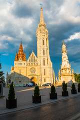 King St Stephen equestrian Statue by sculptor Alajas Strobl and Matthias church at Fisherman Bastion, Castle Hill, Buda, Budapest in Hungary
