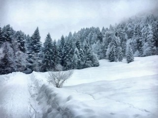 Naklejka premium Oil painting. Art print for wall decor. Acrylic artwork. Big size poster. Watercolor drawing. Modern style fine art. Art for sale. Beautiful winter landscape. Bright orange sunset. Snow trees view.