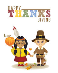 Thanksgiving Day. An Indian girl and a pilgrim boy are holding a pumpkin and lantern in their hands.