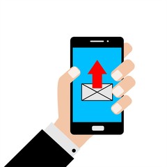 Businessman holding a smartphone with a send email. Concept of sending email. Flat design, vector illustration.
