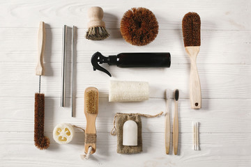 zero waste concept. natural bamboo toothbrush, brush, crystal deodorant,luffa,ear sticks, metal...