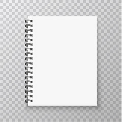 Realistic Notebook mockup. Copybook with metallic silver spiral. Blank mock up with shadow. Vector illustration.