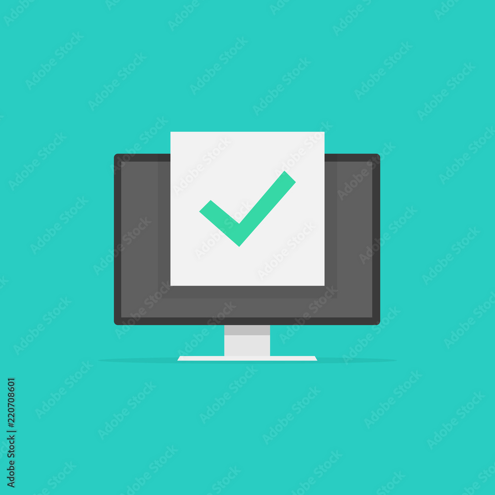 Poster computer with checkmark, monitor approved tick notification, idea of successful update check mark, a