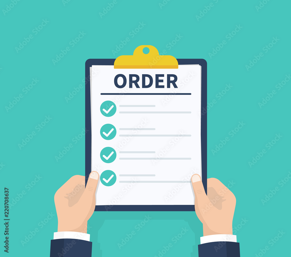 Aufkleber man hold order. checklist with check mark. holding the clipboard. paperwork, sheets in folder. vecto