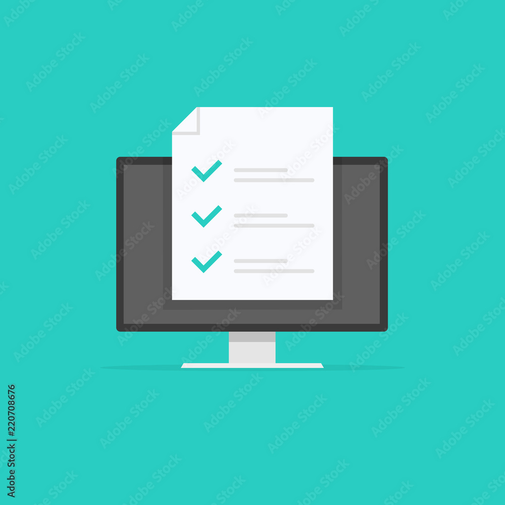 Poster online form survey, monitor with showing long quiz exam paper sheet document icon, on-line questionn