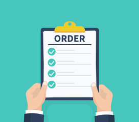 Man hold Order. Checklist with Check mark. Holding the clipboard. Paperwork, sheets in folder. Vector illustration.