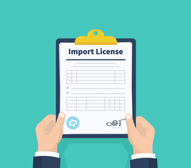 Man hold Import License. Checklist. Holding the clipboard. Paperwork, sheets in folder. Vector illustration.