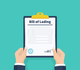 Man hold Tax Invoice. Checklist. Payment and invoicing, business or financial operations sign. Holding the clipboard. Paperwork, sheets in folder. Vector illustration.