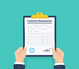 Man hold Declaration. Checklist Holding the clipboard. Paperwork, sheets in folder. Vector illustration.