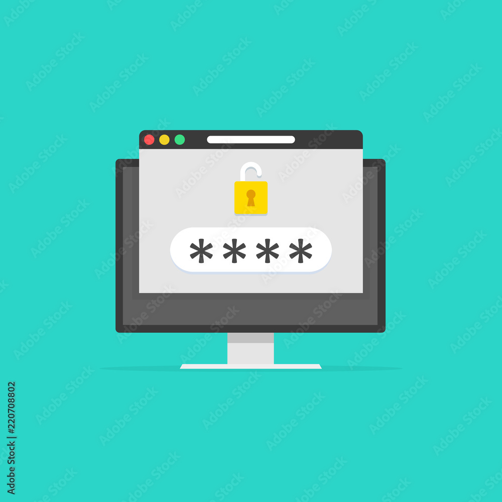 Poster computer with browser window unlocked password bubble notification, pc screen with open lock and pas