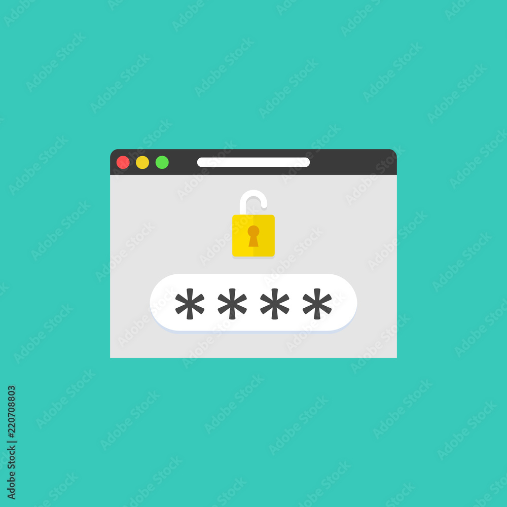 Poster password field with open lock in browser window vector illustration, log-in or sign in. unlocked pas