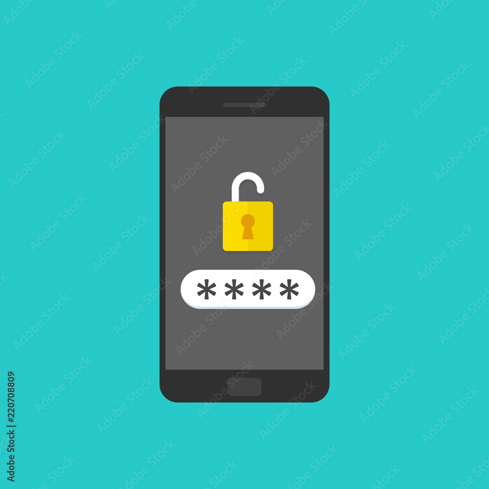 Poster smartphone with unlocked password bubble notification, phone screen with open lock and password fiel