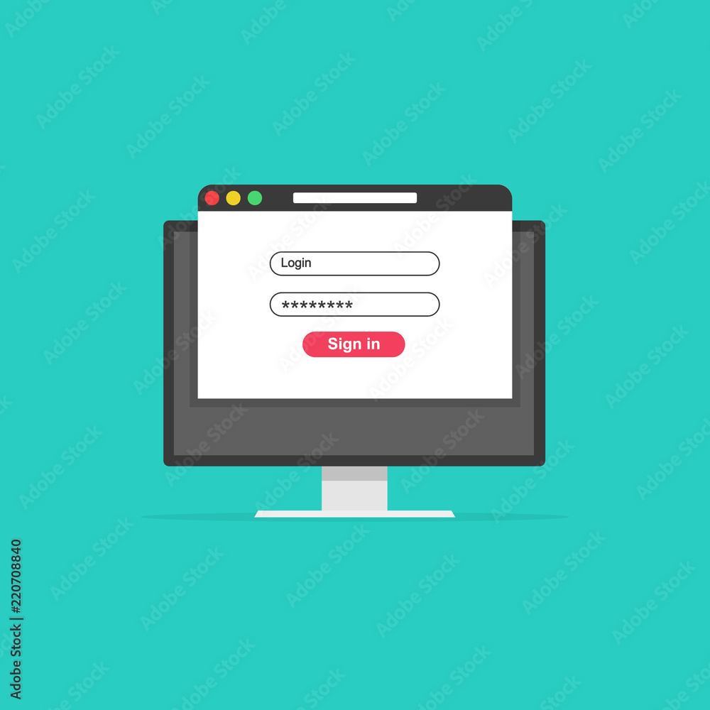 Poster computer or monitor with login and password form page on screen. sign in to account, user authorizat