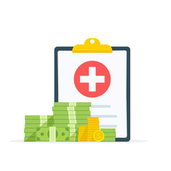 Fototapeta premium Medical clipboard document with money, health insurance form with pile of money, idea of expensive medicine, healthcare spendings or expenses. Flat design, vector illustration on background.