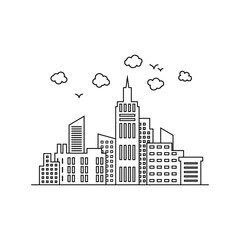 City template. Thin line City landscape. Downtown with high skyscrapers. Vector illustration background.