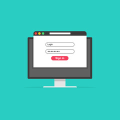 Computer or monitor with login and password form page on screen. Sign in to account, user authorization, login authentication page concept. Username, password fields