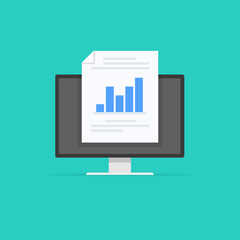 Monitor with financial report. Business strategy and planning. Data and investments. Business success. Computer monitor with infographic elements. Vector illustration.