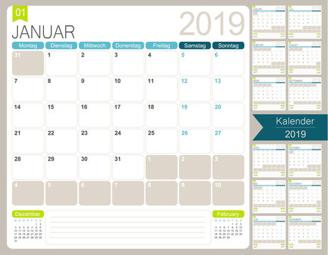 German calendar 2019 / German calendar planner for year 2019, week starts on Monday, set of 12 months January - December, simple calendar template, desk planning calendar, vector illustration