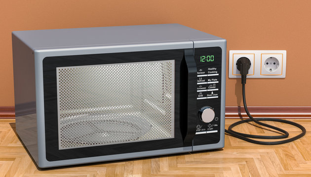 Modern Microwave in interior, 3D rendering