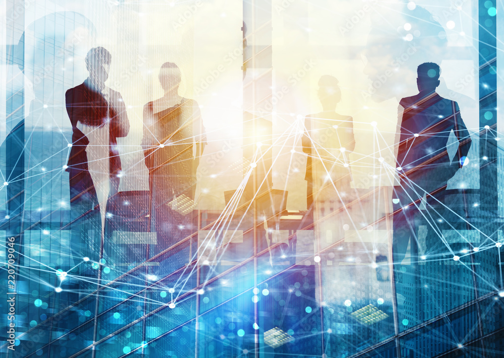 Poster group of business partner looking for the future with network digital effect