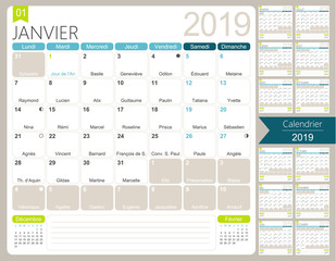 French planning calendar for year 2019, set of 12 months January - December, French printable monthly calendar template, including name days, lunar phases and official holidays, vector illustration