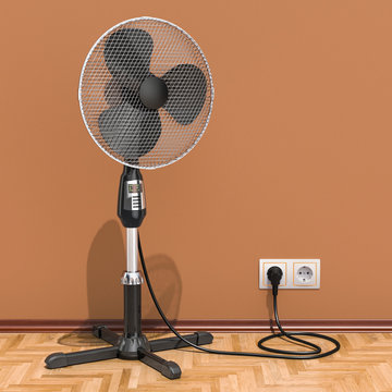 Standing pedestal electric fan in interior, 3D rendering