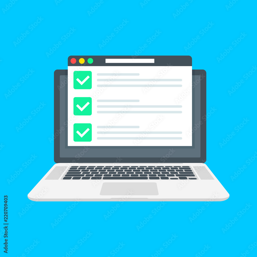 Poster checklist browser window. check mark. white tick on laptop screen. choice, survey concepts. elements