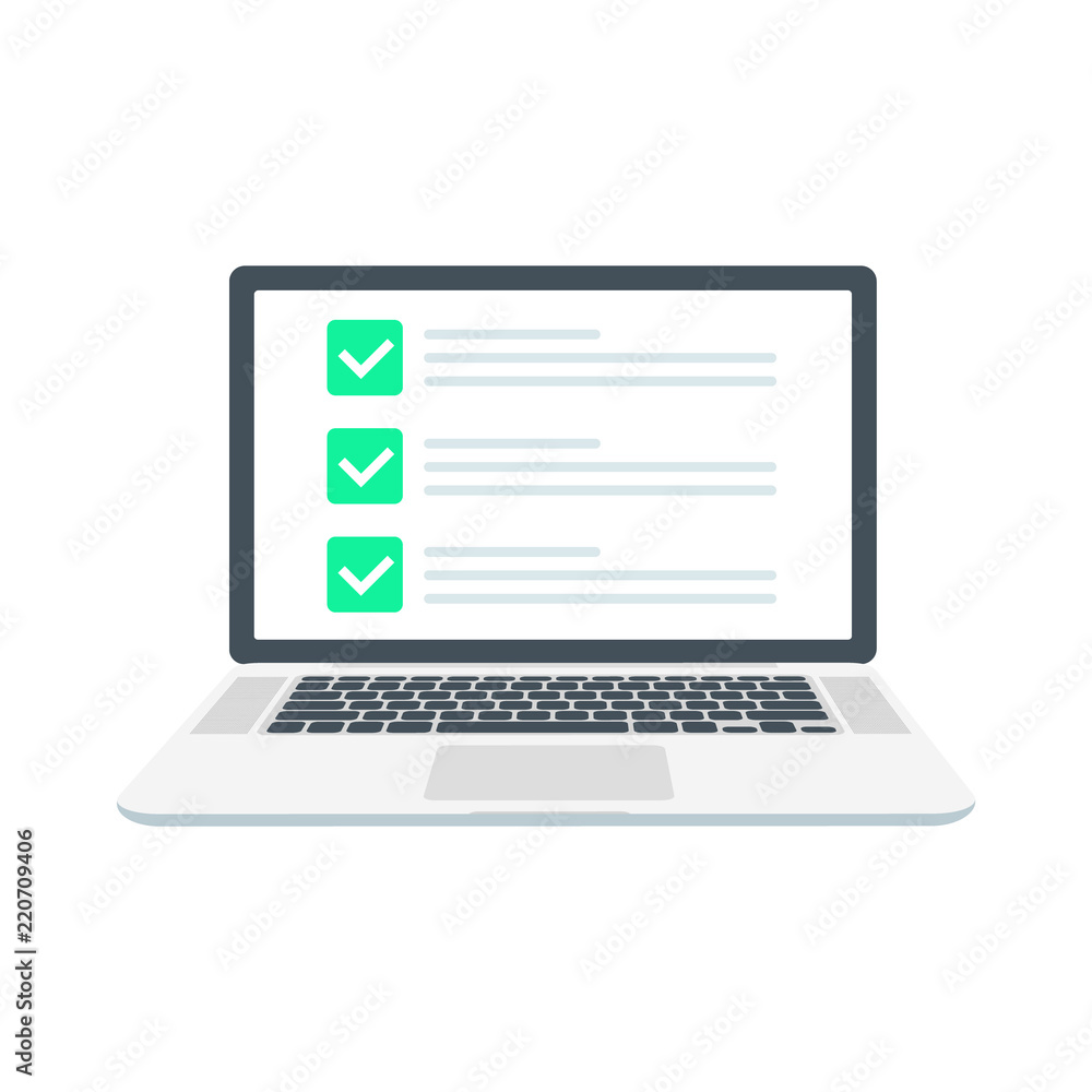 Poster checklist browser window. check mark. white tick on laptop screen. choice, survey concepts. elements